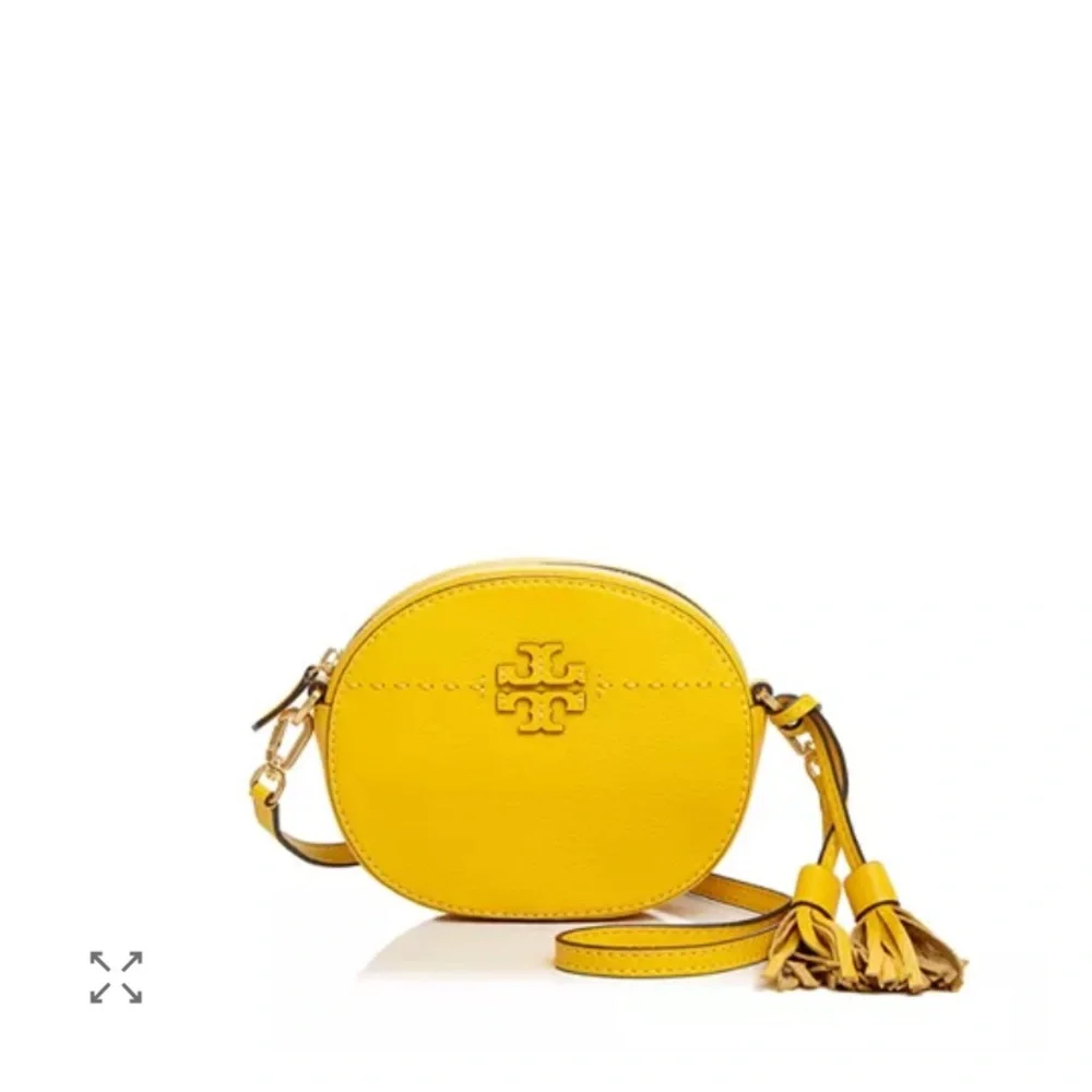 Tory Burch McGraw Round Leather Yellow Marigold Crossbody Purse Bag Tassels - Picture 9 of 9